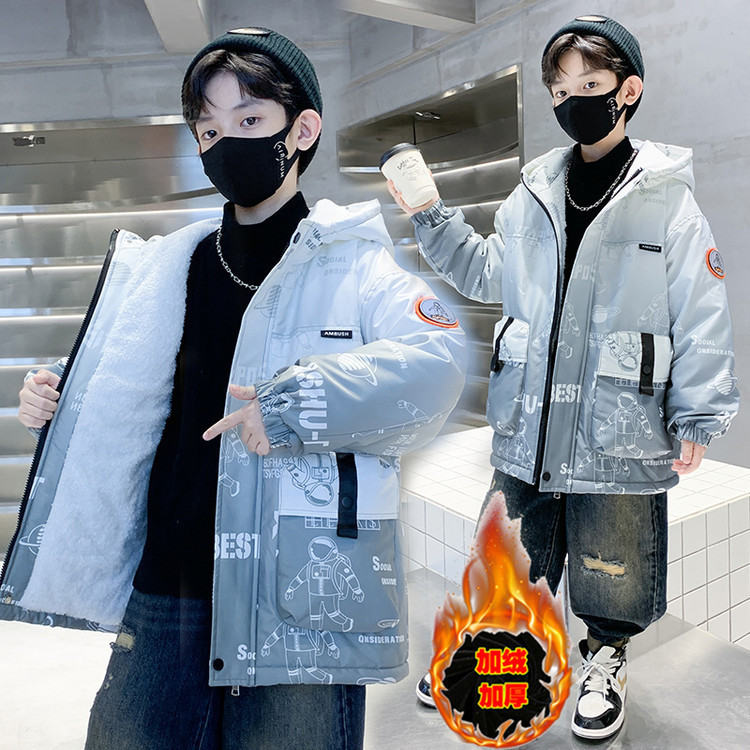 男童加绒外套秋冬款2025新款冬季加厚派克服中大童洋气儿童装棉衣 - 图1