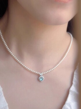 鲛人语/蔚蓝记忆 原创爱心海蓝宝高亮施家珍珠锁骨链蓝色项链
