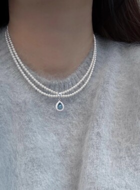 鲛人语/赫拉小姐 原创施家强光珍珠925银项链海蓝宝双层毛衣链