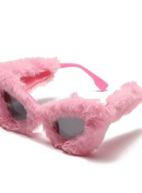 安可拉红色猫眼墨镜y2k辣妹写真拍照道具毛绒眼镜男女派对太阳镜