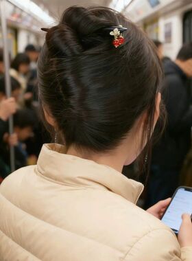 新中式黑檀木双面蝴蝶珠珠发簪轻奢简约发钗簪子新娘旗袍汉服头饰
