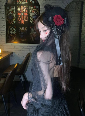 万圣节cos鬼新娘头纱穿搭装扮玫瑰小礼帽女头饰蕾丝帽子道具配饰