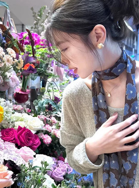 韩版花朵长条丝巾夏季高级感颈饰 145cm长方形丝巾蓝色花卉薄款围