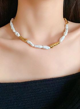法式复古不规则珍珠链条项链小众通勤拼接锁骨链设计感新款项饰女