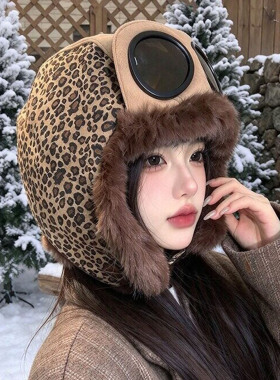 复古豹纹冬季加绒护耳雷锋帽女