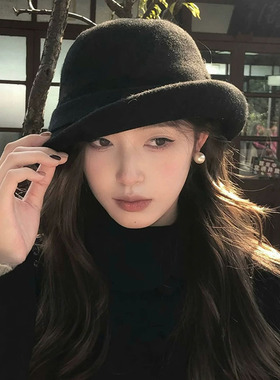 秋冬法式蝴蝶结毛呢渔夫帽女