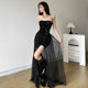 WEIRD PUSS 辣妹风时髦设计感网纱拼接抹胸连衣裙百搭黑色长裙女