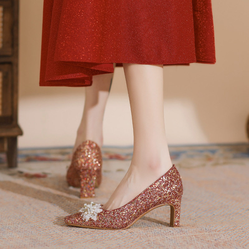 2026新款气质粗跟方头婚鞋中式喜庆红色新娘鞋珍珠水钻高跟鞋,淘宝优惠券,粉丝福利购,淘宝优惠卷