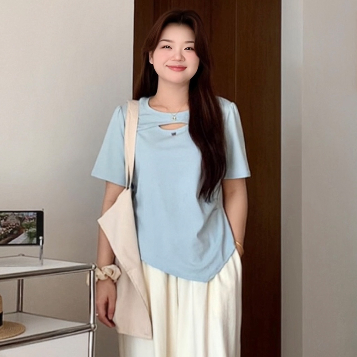 微胖的喵喵 大码女装mm夏季显瘦收腰镂空短袖t恤正肩遮肚上衣4122