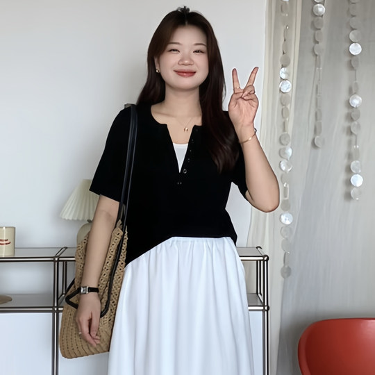 Women's Large Size Contrast Color Spliced Right Shoulder Short Sleeve T-Shirt Top