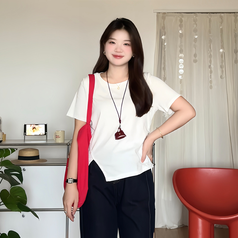 微胖的喵喵 大码女装mm夏季新款圆领独特漂亮显瘦短袖T恤上衣3900
