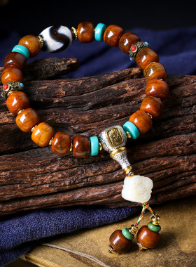 原创藏式牦牛骨桶珠虎牙天珠手链 文玩扎基拉姆三通骨头背云手串