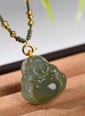 天然和田玉碧玉佛吊坠佛公弥勒佛手工编织玉坠项链女玉石项链挂件