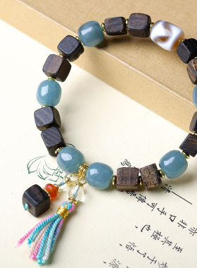 原创设计达拉干方块珠搭配蓝水翡翠中式手链文玩虎牙天珠手串批发
