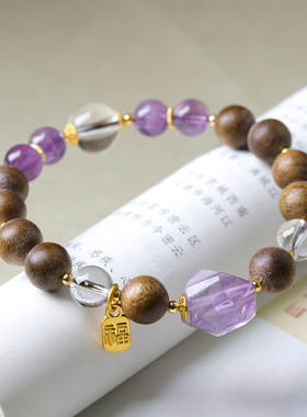 2026上新天然紫水晶白水晶手链 原创文玩绿奇楠中式手串 一件代发