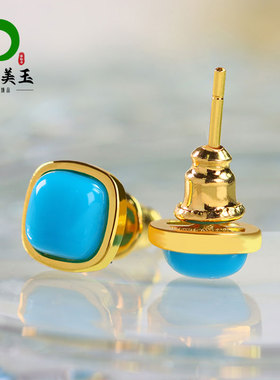 耳钉耳饰925银镀金镶嵌高瓷蓝