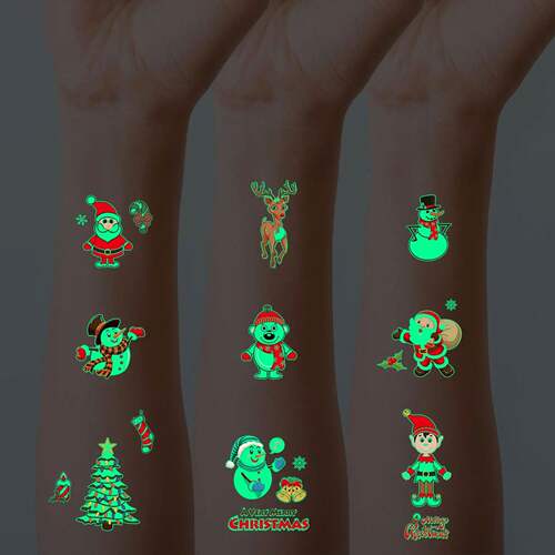 10 Sheets Christmas Luminous Tattoo Stickers,Cartoon Snowman - 图3
