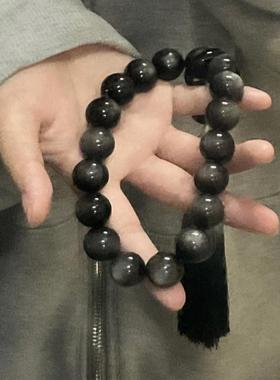 天然黑曜石醒狮十八子手串大珠银曜石手持男士学生盘玩手把件念珠