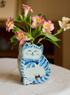 陶美集复古手绘可爱猫咪花瓶小众