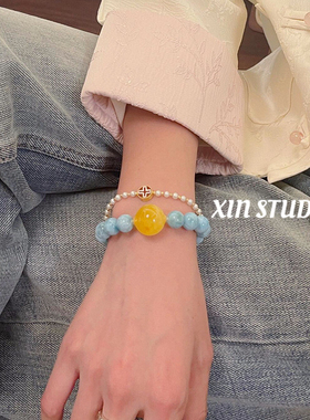 XIN STUDIO蓝色海纹石串珠手链轻奢精致小众设计感手串新中式首饰