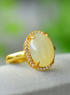 久不掉色古法沙金天然和田玉白玉蛋面时尚活口玉戒指戒圈指环证书