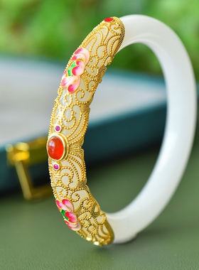 久不掉色古法沙金天然天山翠幸福圆满奢尚福镯手镯玉镯手链配证书