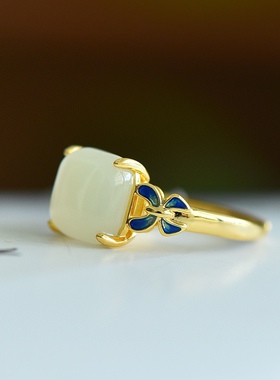 沙金天然和田玉白玉四方来财玉戒