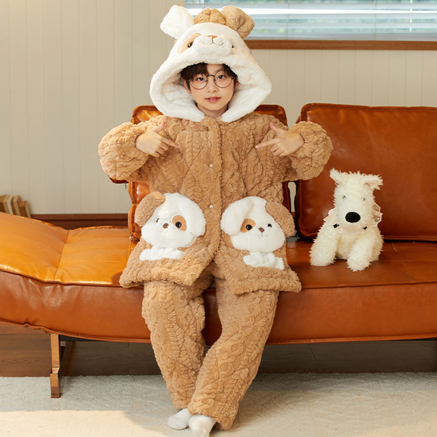 儿童睡衣男童三层夹棉冬季加厚珊瑚绒无牙仔家居服男孩睡袍可外穿 - 图0