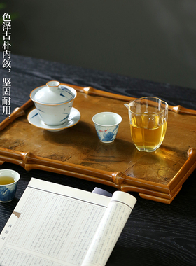大漆筇竹岩石茶盘台茶具收纳托盘