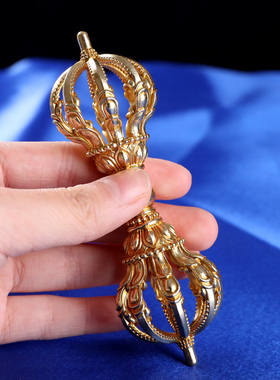 速发尼泊尔工艺黄铜加九厚股金刚藏法器雕刻莲花杵式降魔杵家用摆