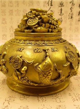 速发纯铜盆路财神聚宝盆摆件大号元宝铜五家居饰厅招聚财装客摆设