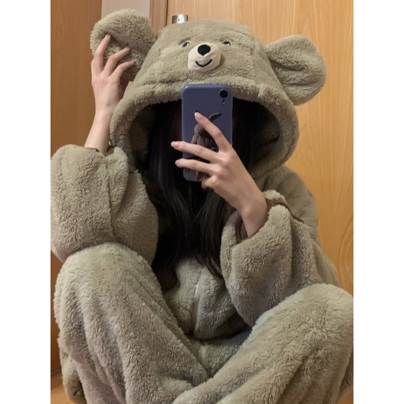 小熊睡衣女秋冬季珊瑚绒加厚加绒可爱冬天女款法兰绒家居服套装潮 - 图3