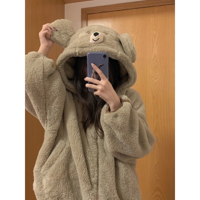 小熊睡衣女秋冬季珊瑚绒加厚加绒可爱冬天女款法兰绒家居服套装潮 - 图1