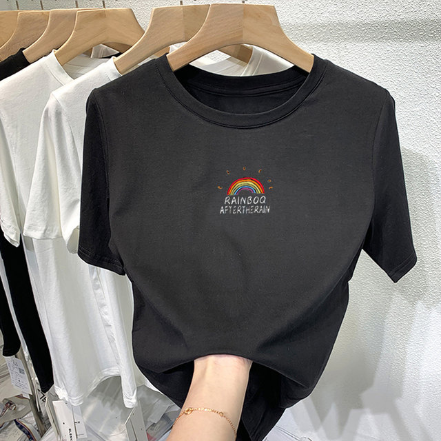 Short sleeve white rainbow cotton t-shirt women's round neck top