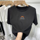 Short sleeve white rainbow cotton t-shirt women's round neck top