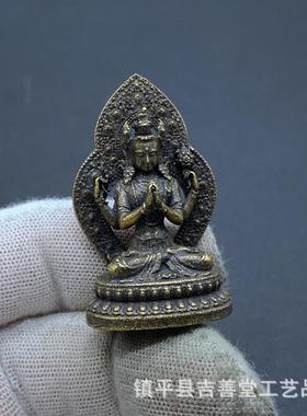 复古黄铜佛四臂观音摆件铜像工艺品办公室客厅书房博古架装饰