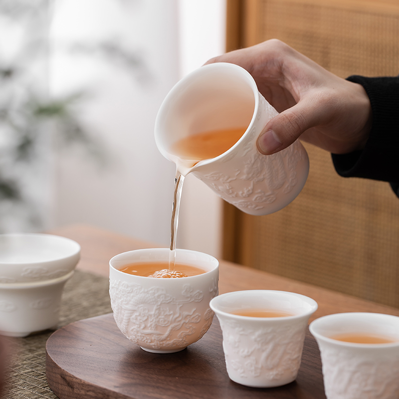 德化羊脂玉浮雕茶具龙年套装白瓷功夫茶杯家用办公室泡茶陶瓷盖碗