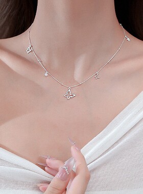S925镀双层白金蝴蝶珍珠项链女