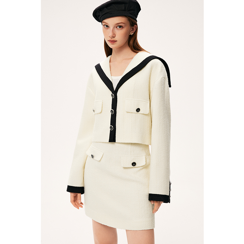诗凡黎小香风短外套2024年春新款撞色海军风翻领羊毛上衣高腰半裙 - 图0