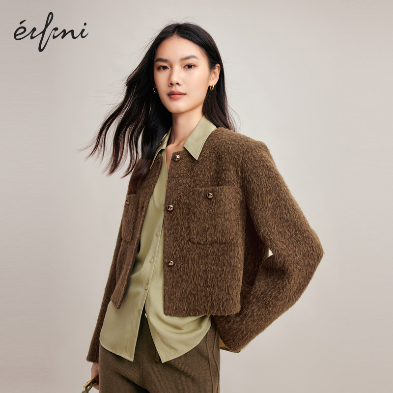 伊芙丽奥莱贴袋装饰苏力羊毛双面呢截短小香风外套女2024秋装女装,淘宝优惠券,粉丝福利购,淘宝优惠卷