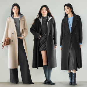 伊芙丽高质羊毛羊绒两穿式可脱卸连帽大衣毛呢外套2025冬季新款