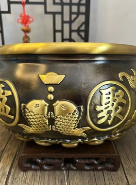 多吉缘特大号黄双鱼聚宝铜盆招用财摆件中式家客玄关装厅饰聚财黄