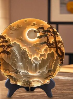 日照金山紫气东来唯美浮雕立体感圆盘摆件书房茶室办公桌摆台创意