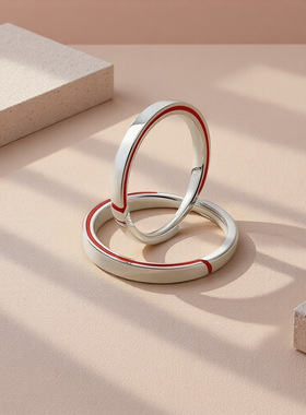 999纯银素圈红线情侣对戒女轻奢高级感简约红丝可调节戒指饰品