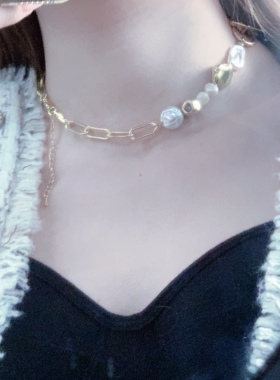 韩国复古几何型珍珠项链 欧美珍珠链条项链 韩版创意气质珍珠项链