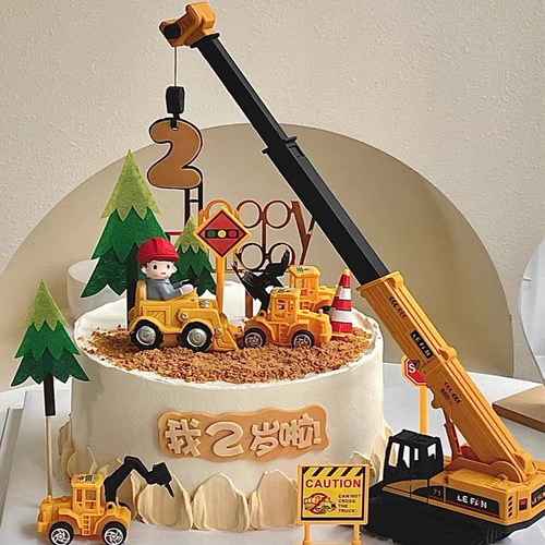 挖掘机蛋糕装饰摆件大吊车吊机工程车推土机路障牌挖机生日插件 - 图1