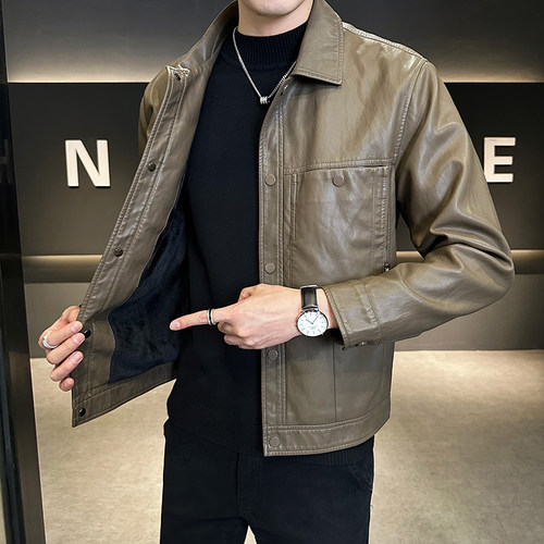 冬季加绒加厚保暖皮衣外套男痞帅保暖高级感帅气短款修身男皮夹克 - 图1