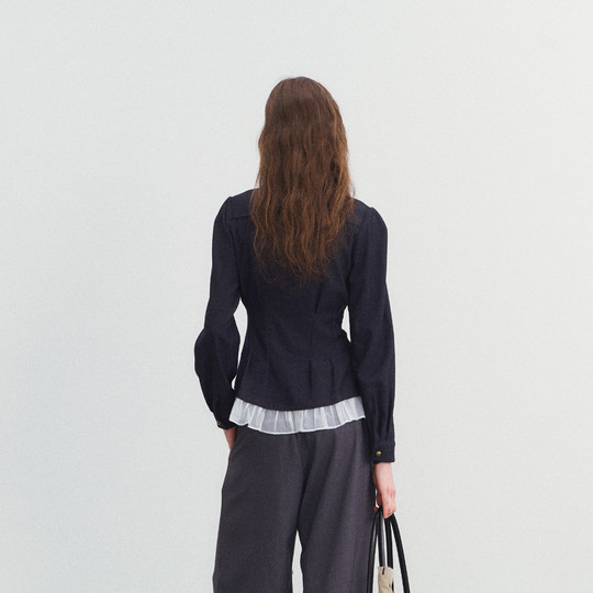 SPEAR YOUTH“无可替代”双排扣牛仔打褶收腰衬衫通勤上衣外套