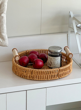 拍照道具韩系仿藤编收纳托盘木质手柄高级感装饰摆件收纳筐展示