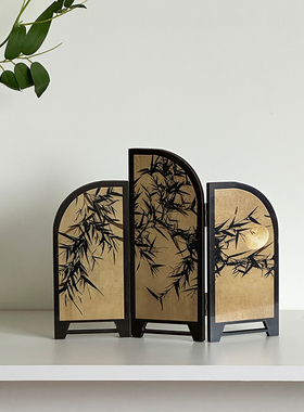 新中式墨竹小屏风桌面摆件茶室客厅家居餐边柜玄关装饰品复古摆画